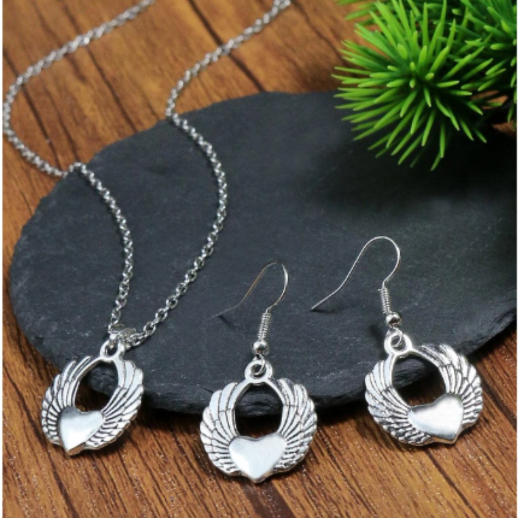 4/$12 3pcs Heart & Wing Decor Necklace & Earrings Jewelry Set